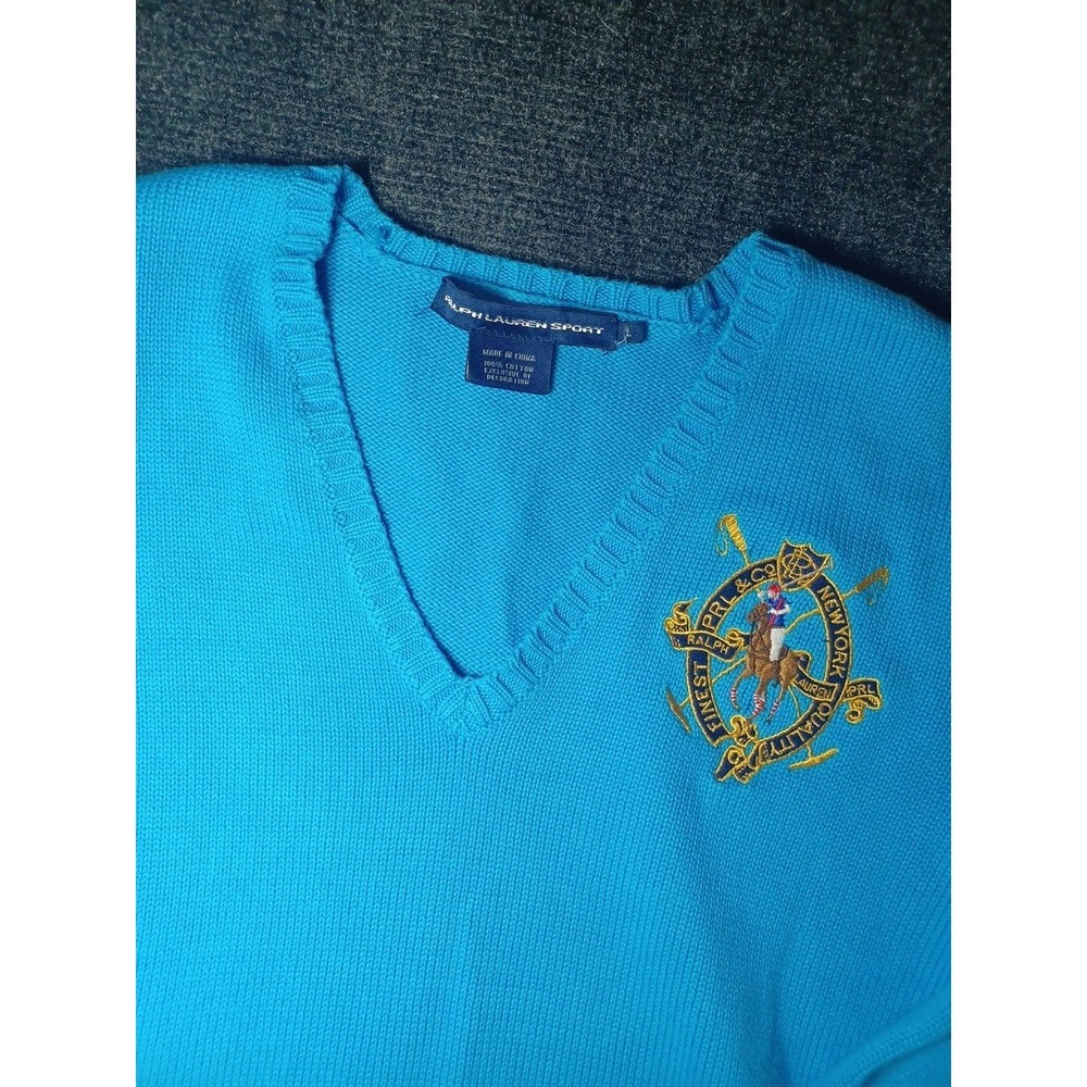 Ralph Lauren Women's Large V-Neck Blue Sweater Embroidered Crest